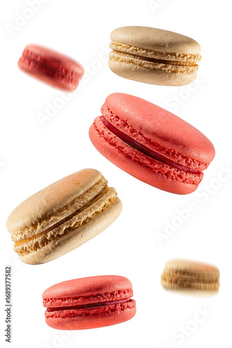 Wallpaper Mural Falling French macarons isolated on white background, red and beige almond cookies, sweet dessert pastry, colorful confectionery photography
 Torontodigital.ca