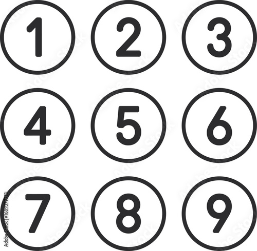 Black and white circular numbered icons 1 to 9 vector illustration, simple bold numbers in circles, minimalistic design, modern style numeric symbols