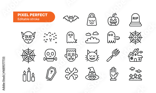 Set of 20 Halloween line art icons with vampire, bat, pumpkin, skull, ghost, haunted house, and spooky elements