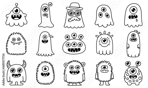 Black and white line art illustration of 12 cute cartoon monsters in minimalist style arranged in a 3x4 grid