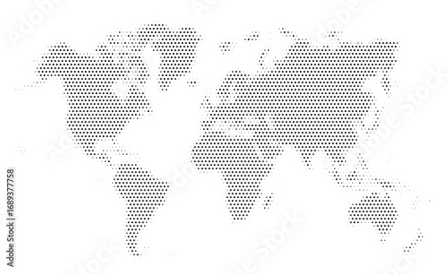Dotted world map on a white background. World map stylized with halftone black dots. Earth map template with continents, North and South America, Europe and Asia, Africa, and Australia. Vector
