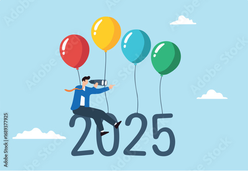 Flat illustration of businessman flies with 2025 balloons using telescope to aim for future success