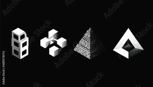 Abstract shapes in black and white monochrome isometric illustration for modern design and artistic concept