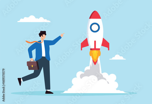 Flat illustration of businessman launch rocket alone independence entrepreneurship solo entrepreneur starting new business owner founder