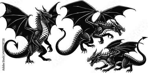 Set of black silhouette fantasy dragons in different poses with wings, horns, and scales for mythology, tattoo, and vector design.