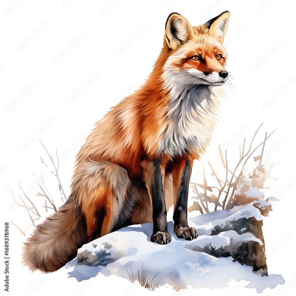 Naklejka premium A red fox with bushy tail sits on a snow-covered rock; watercolor brushstrokes create a detailed image of the fox against a white background.