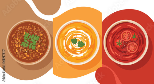Three delicious bowls of soup vibrant with fresh garnishes, perfect for any menu