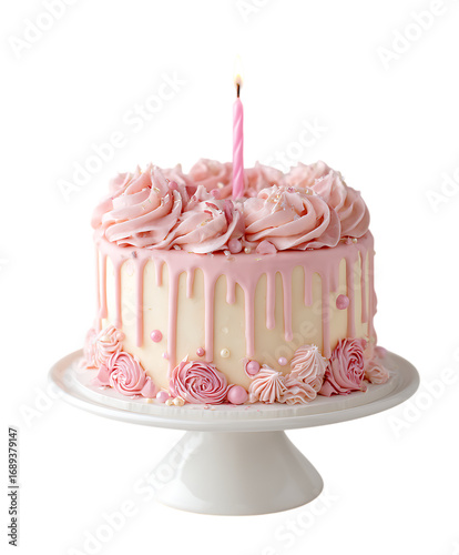 Pink birthday cake with candle