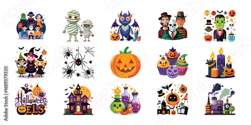 Collection of Spooky and Fun Halloween Characters and Decorations for Festive Designs