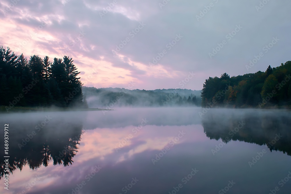 Fototapeta premium Misty lake at dawn with colorful sky pictures
