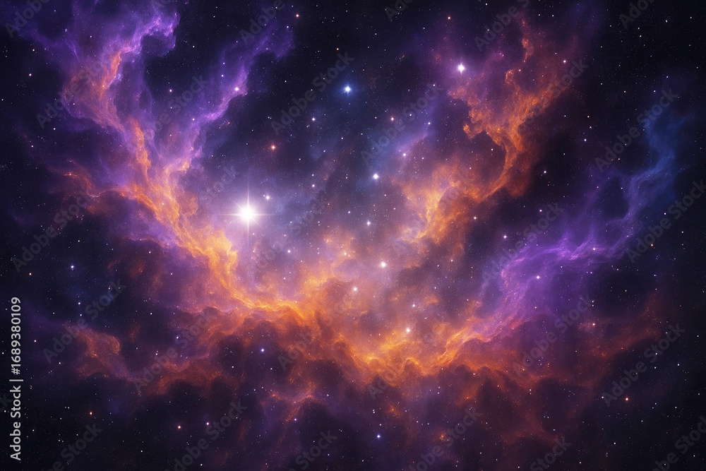 Naklejka premium Swirling purple and orange cosmic nebula with a bright star in the center against a dark starry sky space