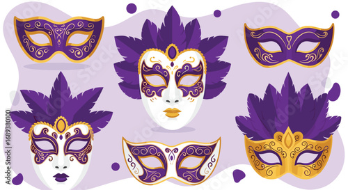 Elegant masquerade masks with ornate gold details and vibrant purple feathers