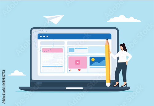 Creative woman holding pencil and creating content on website