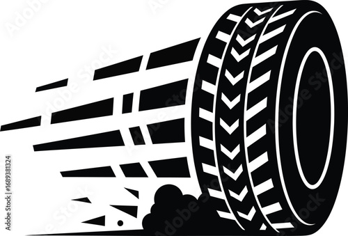 Black and white illustration of a tire with motion blur, indicating speed and movement.