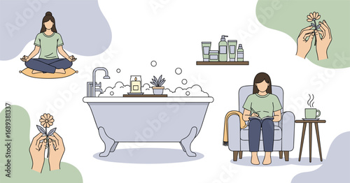 Embrace self-care with mindful meditation, relaxing bath, and journaling for ultimate wellness