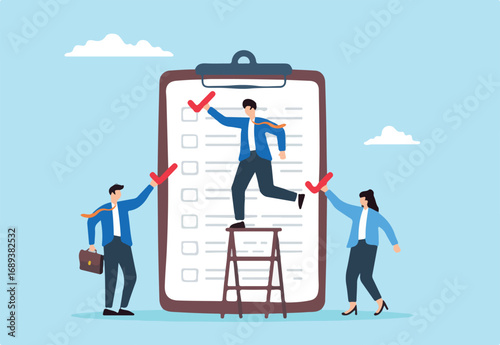 Businessman coworkers assist to put checkmark on task list clipboard, illustrating completion of todo list, work checklist. Concept of project management, teamwork to completing plans