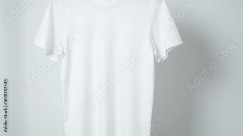 A white shortsleeve tshirt hangs against a light gray background