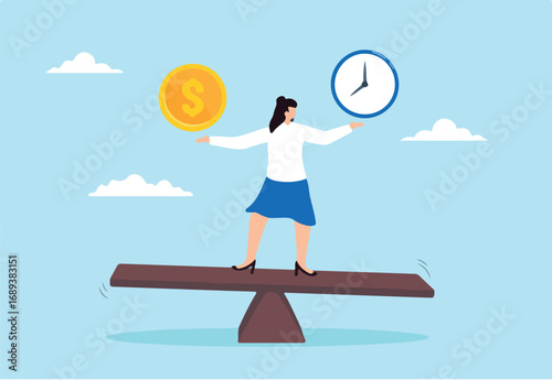 Businesswoman balances dollar coin and clock on seesaw, illustrating balancing time and money. Concept of equilibrium between work and life, long term investment or savings, control or make decision