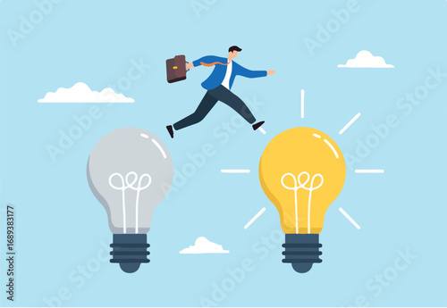 Smart businessman jump from old to new shiny light bulb, illustrating of business transformation. Concept of transitioning to more innovative company, improvement, and adaptation to new normal