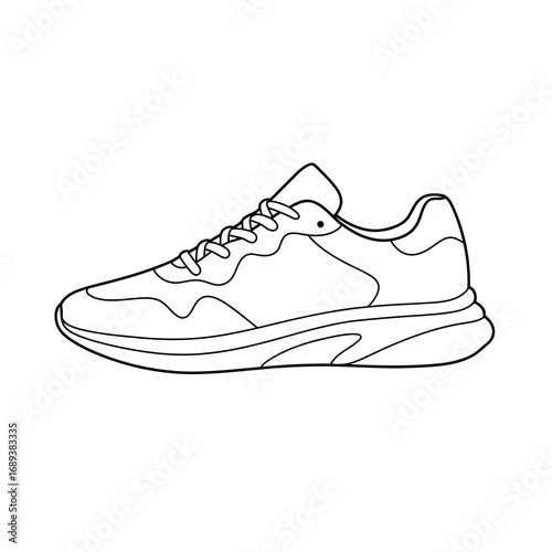 Side view of a modern training shoe, a simple black and white outline vector illustration