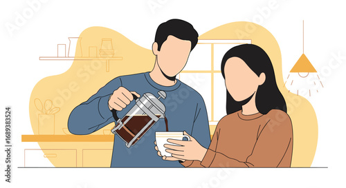 Couple enjoying fresh french press coffee together in cozy kitchen morning ritual