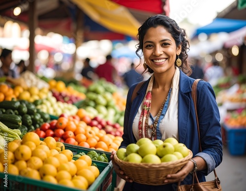 Woman at a vibrant fruit market holding a basket of apples