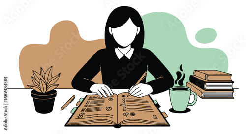 Organized woman diligently planning her day with bullet journal and coffee in cozy workspace