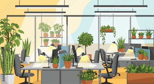 Vibrant modern office with abundant plants creating a fresh, productive workspace atmosphere