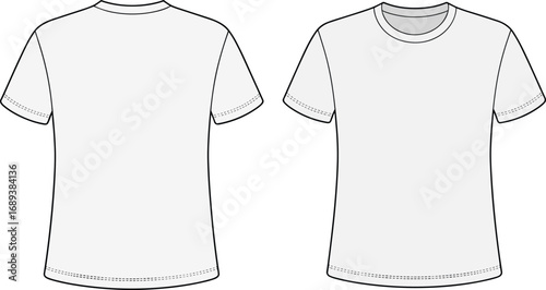 Unisex basic crew neck t-shirt vector flat sketch, front and back technical drawing, short sleeve casual top design, apparel fashion garment template