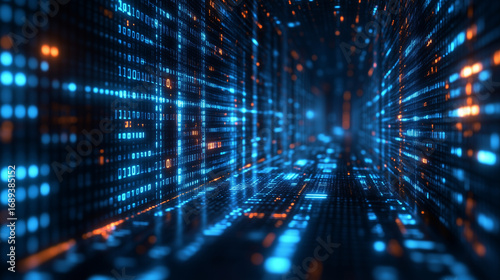 A dynamic abstract tunnel of glowing blue and orange binary code visualizes fast data transfer, representing modern digital information technology.
