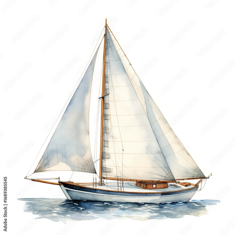 Fototapeta premium The image shows a detailed watercolor painting of a classic sailboat with white sails and a wooden mast, floating on a calm body of water.