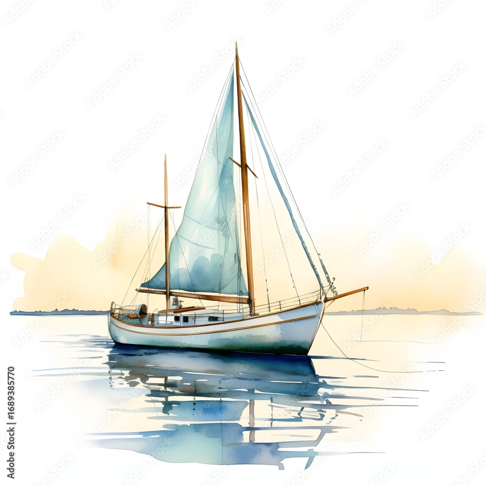 Fototapeta premium A watercolor painting depicts a sailboat with white and light blue sails floating on calm water during a sunset, with a light orange sky in the background.