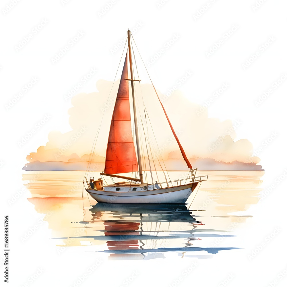 Fototapeta premium A watercolor painting depicts a sailboat with a red sail on a calm body of water at sunset, its reflection visible on the surface.