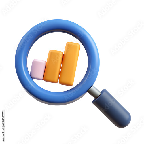 3D icon of a magnifying glass over a bar chart for data analysis and research, with a transparent background - Generative AI
