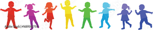 Colorful rainbow children silhouettes, playful kids dancing, diverse group, vibrant colors, joyful movement, childhood happiness, teamwork, energy, fun activity, diversity,