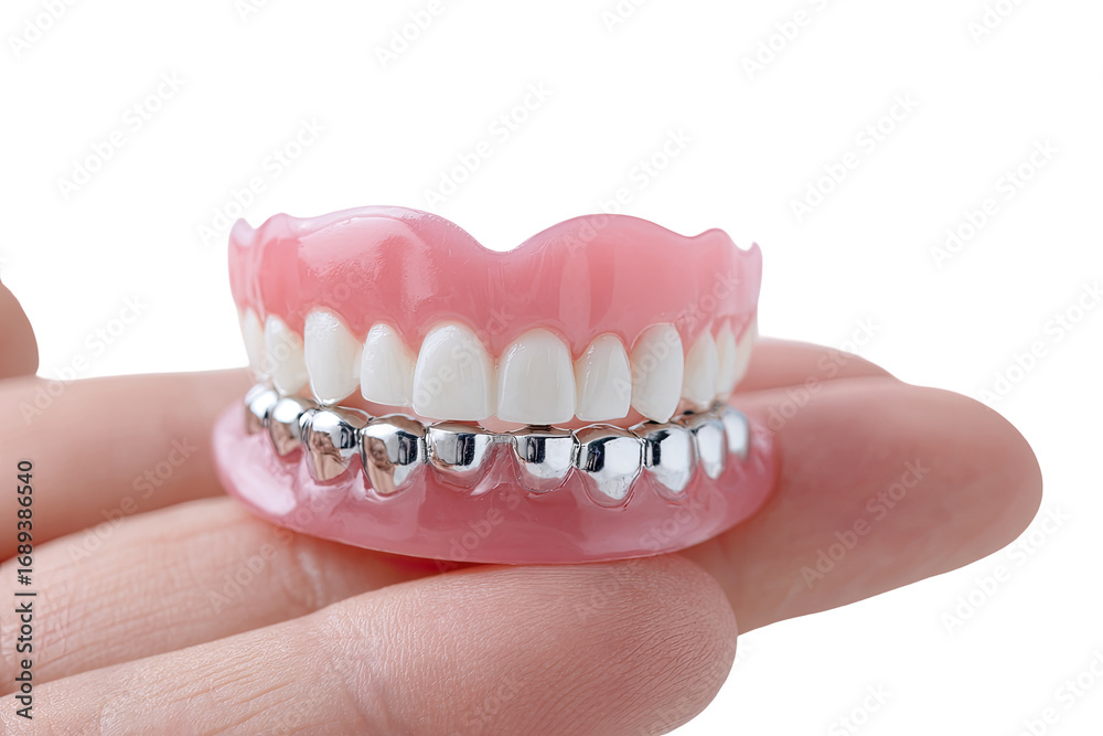 Fototapeta premium A hand holds a dental prosthesis. Upper and lower teeth, pink gum-colored base, metal-colored fillings or caps