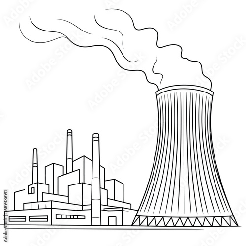 Industrial power plant with cooling tower emitting steam