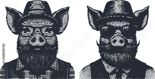 Hipster Pig: A Stylish Pig with a Vest, Hat, and Beard in Vintage Engraving Art