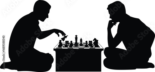 Vector illustration of two people playing chess, thoughtful strategy game, intellectual competition, silhouette of players concentrating, board game activity, mental challenge.