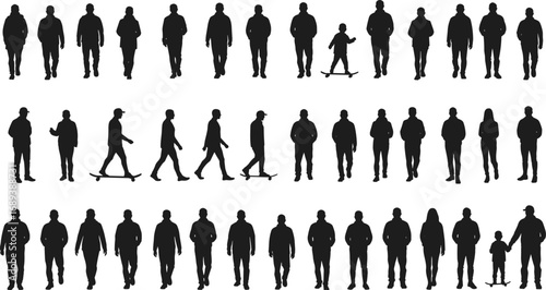 Silhouettes of people walking and skateboarding, diverse group with family, active lifestyle vector illustration, urban movement design, health, fitness, casual poses for