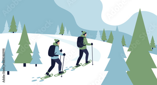 Adventurous friends explore snowy forest trails with snowshoes and backpacks