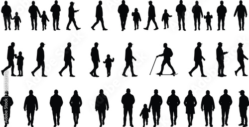 Silhouettes of people walking in various postures, diverse group, family and individuals, vector illustration for urban life, health, movement, lifestyle, fitness, design,