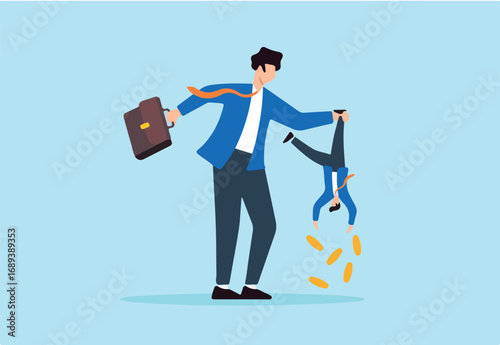 Flat illustration greedy businessman hold small people shaking to take their money symbolizing tax hike