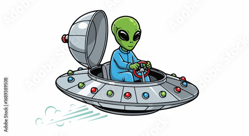 A cartoon green alien with big eyes, wearing a blue jumpsuit, pilots a flying saucer with colorful lights, leaving a trail of smoke