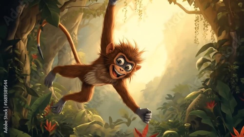 A monkey swinging from tree to tree in the jungle.