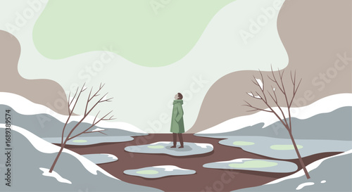 Lone figure contemplates winter thaw with hope amidst serene abstract landscape