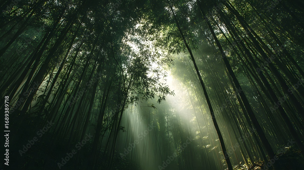 Fototapeta premium Mystical Rainforest Forest with Sunbeams and Shadows - Nature Photography of Serene Woodland with Bamboo and Lush Greenery in Pure, Peaceful, Eco-Friendly, and Sustainable Landscape