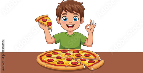 Happy child enjoying pepperoni pizza slice with OK gesture, cartoon food illustration perfect for kids, menus, branding, and education