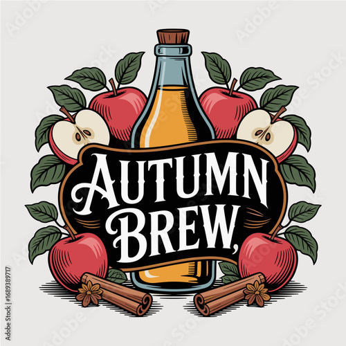 Autumn Brew Cider Label with Apples and Cinnamon