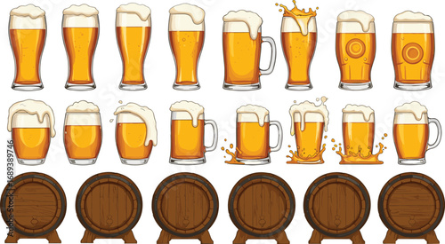 Beer glasses collection, beer mugs with foam, wooden beer barrels, craft beer illustration, brewery drink icons, Oktoberfest themed clipart